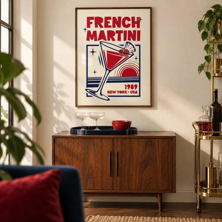 French Martini Poster, framed on the wall of a retro modern home bar corner in a UK city flat with warm ivory walls and a walnut floor in a living room