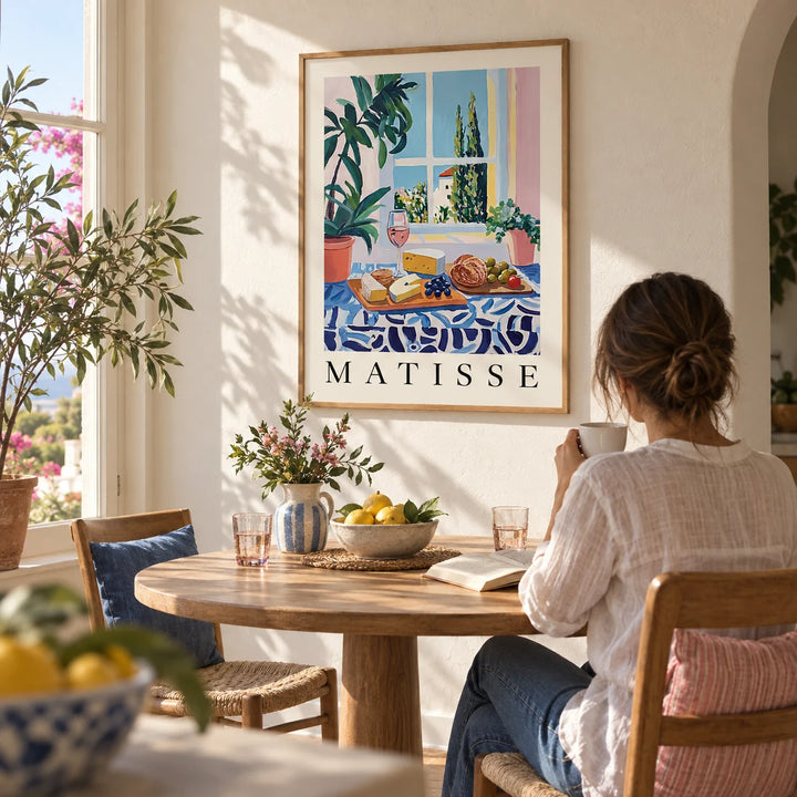 French Prints, framed on the wall of a sunny dining nook with a warm white plaster wall