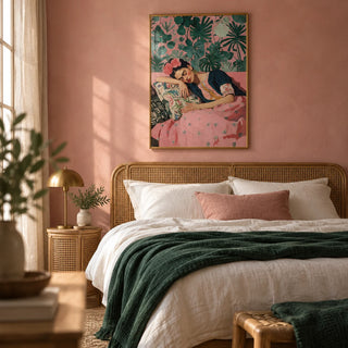 Frida Kahlo Art Prints, framed on the wall of a calm bedroom with a soft dusty pink plaster wall