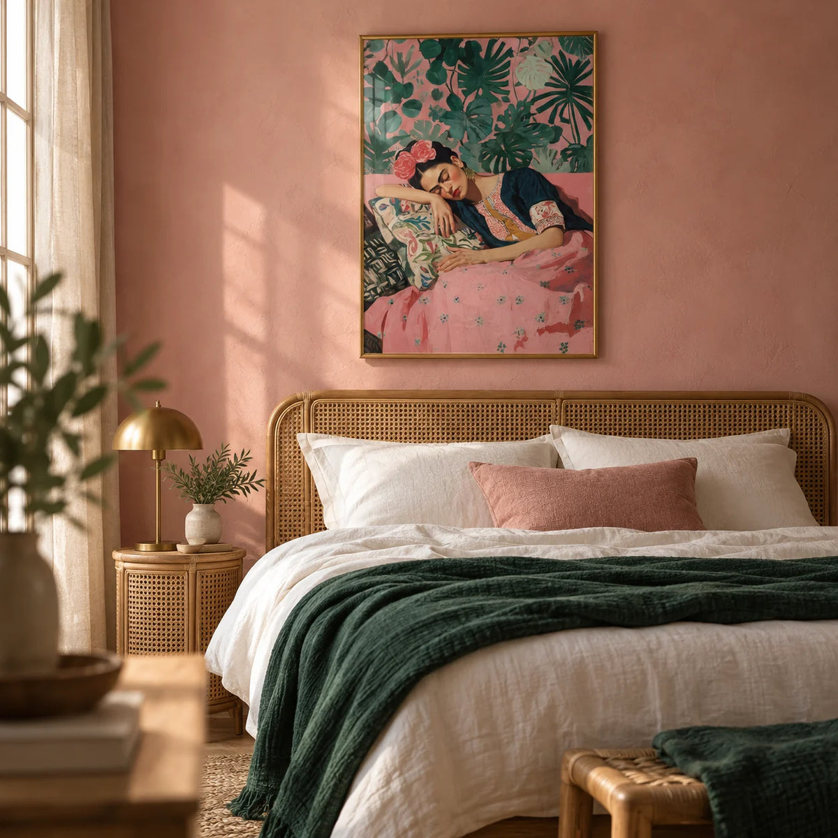 Frida Kahlo Art Prints, framed on the wall of a calm bedroom with a soft dusty pink plaster wall
