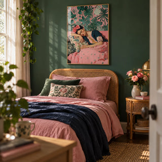 Frida Kahlo Art Prints, framed on the wall of a pretty boho single bedroom for a young adult (18-25) with a deep green painted wall