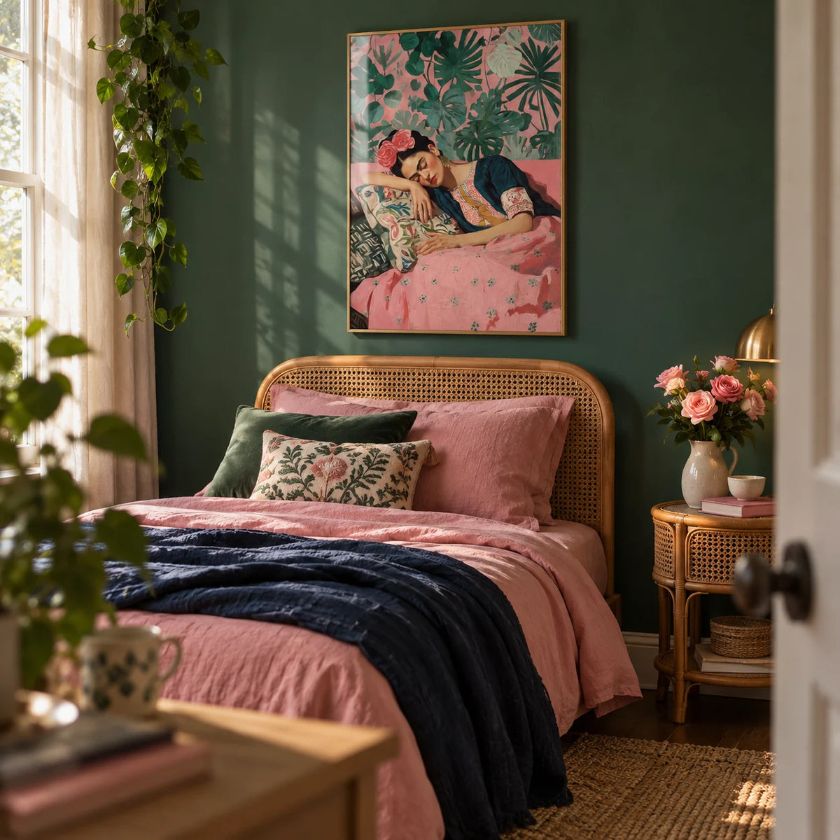 Frida Kahlo Art Prints, framed on the wall of a pretty boho single bedroom for a young adult (18-25) with a deep green painted wall