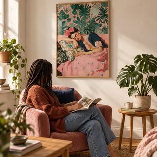 Frida Kahlo Art Prints, framed on the wall of a reading corner in a first flat (22-28) with a warm white wall in a living room