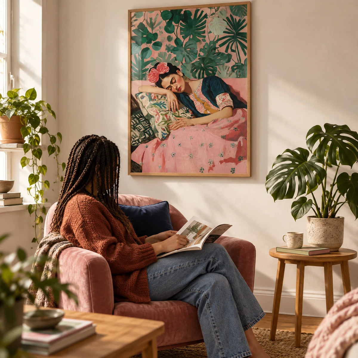 Frida Kahlo Art Prints, framed on the wall of a reading corner in a first flat (22-28) with a warm white wall in a living room