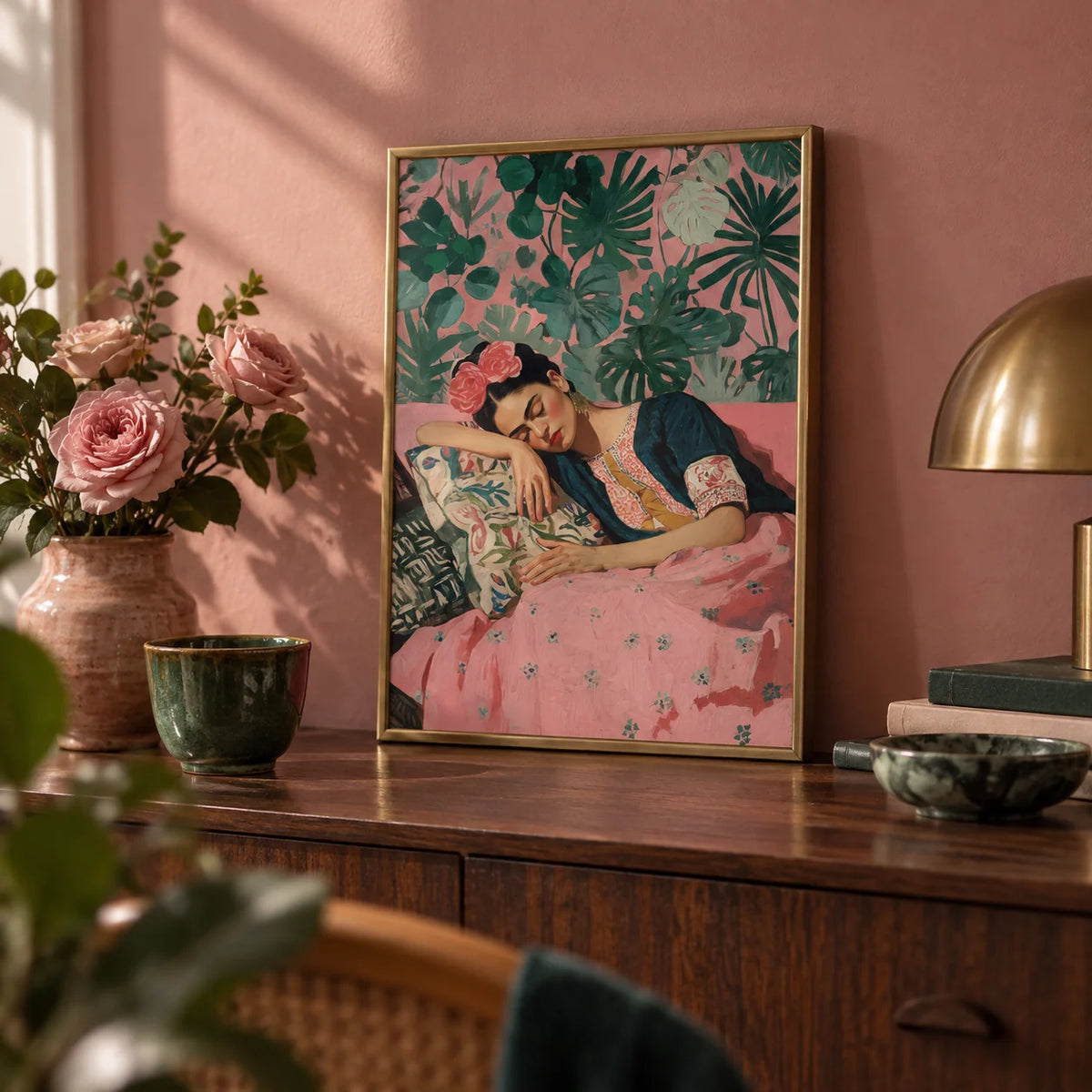 Frida Kahlo Art Prints, a small A4 framed print leaning on a dark wood sideboard in a living room