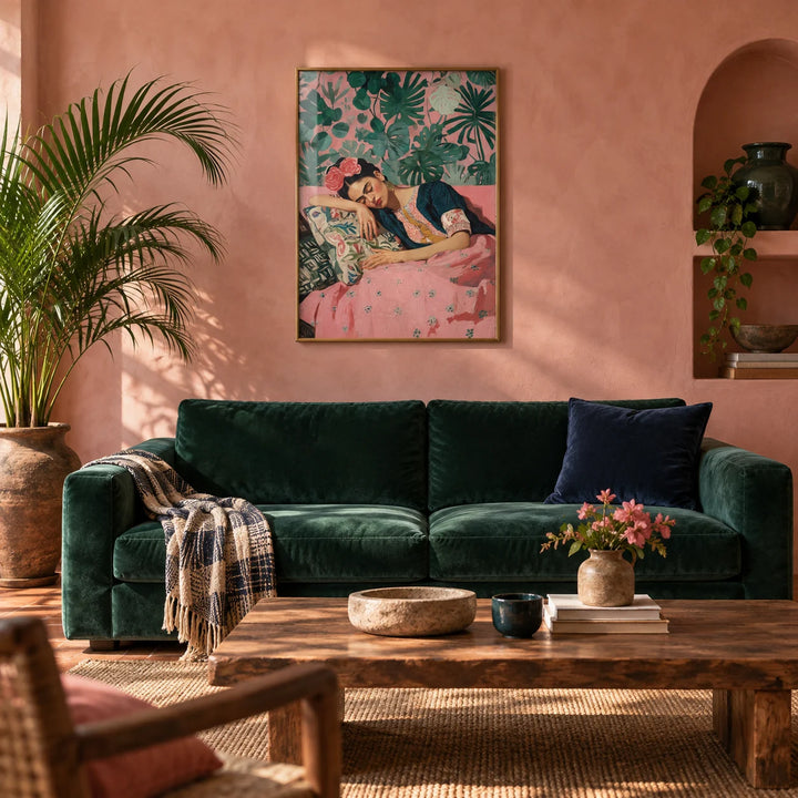 Frida Kahlo Art Prints, framed on the wall of a warm Mexican-modern living room with a dusty pink limewashed wall and a plain terracotta floor