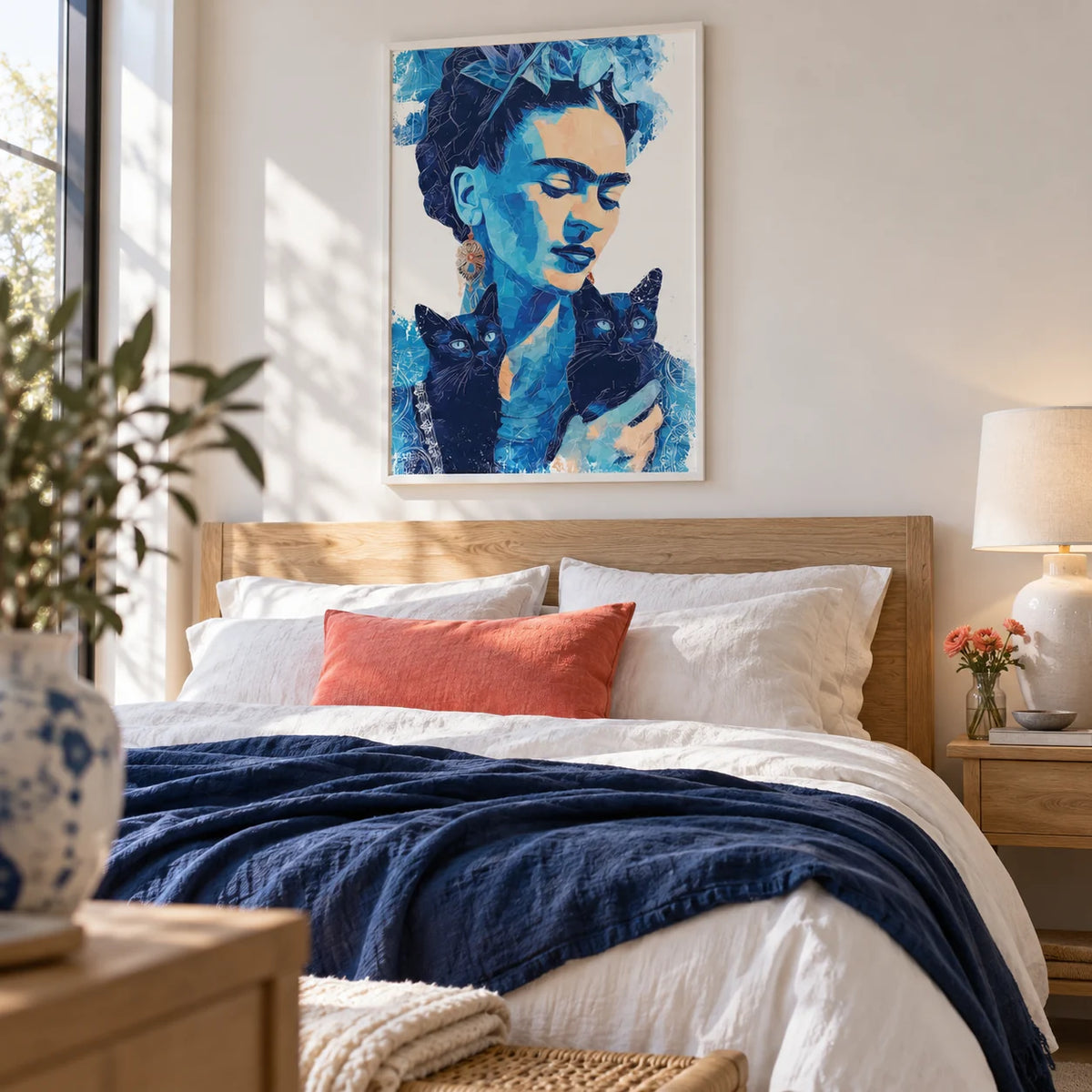 Wall Art Frida Kahlo, framed on the wall of a calm bedroom with a soft white wall
