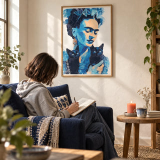 Wall Art Frida Kahlo, framed on the wall of a quiet reading corner with a warm white limewashed wall in a living room