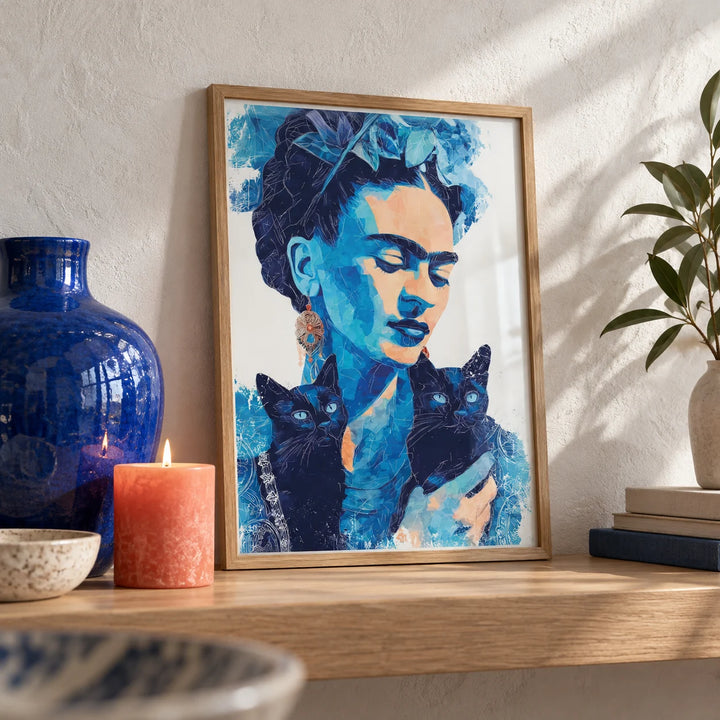 Wall Art Frida Kahlo, a small A4 framed print leaning on a pale oak shelf in a living room