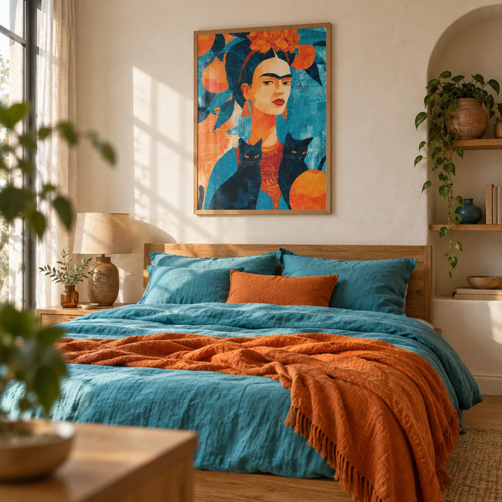 Frida Kahlo Cat, framed on the wall of a calm bedroom with a warm white plaster wall and an arched niche