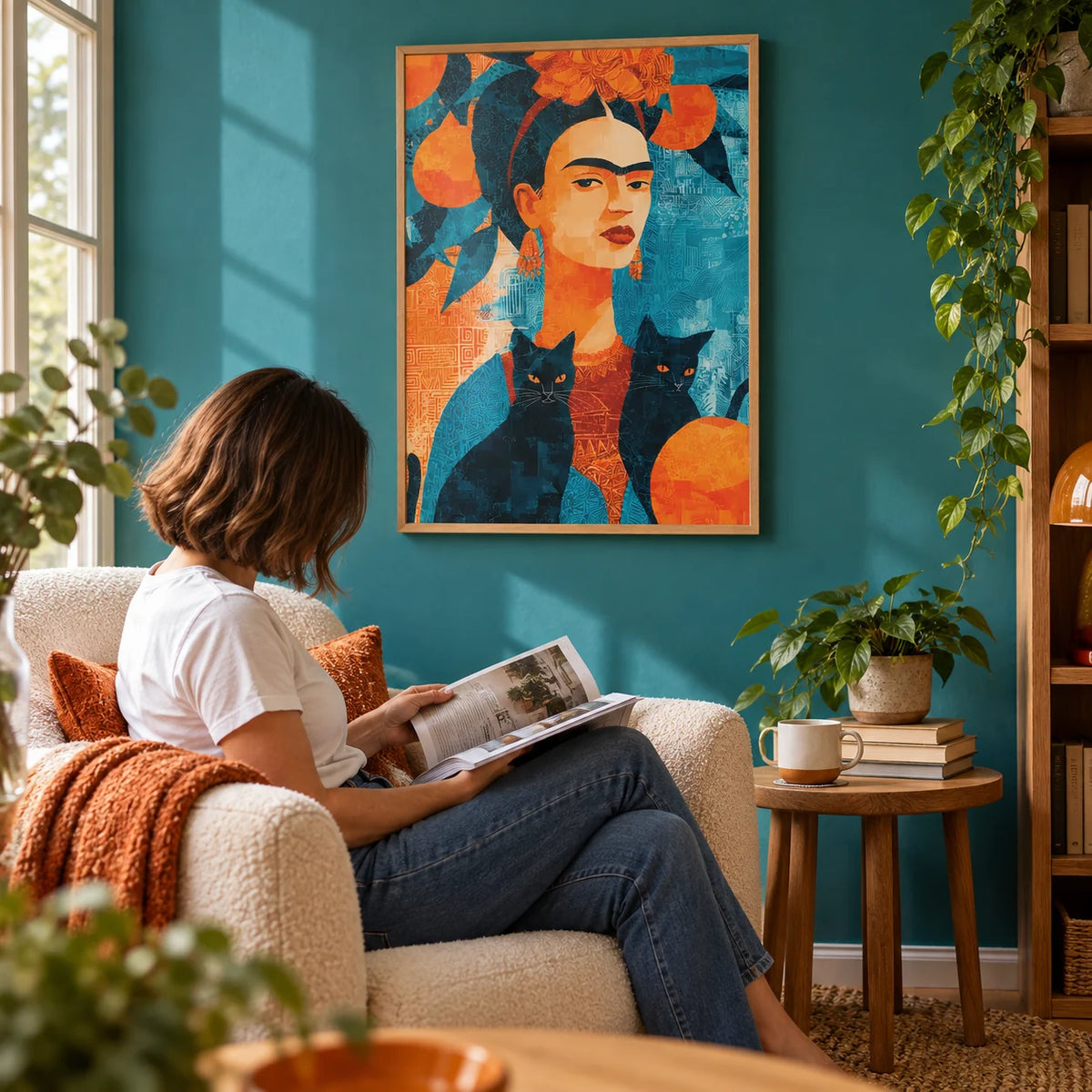 Frida Kahlo Cat, framed on the wall of a cosy reading corner with a turquoise painted wall in a living room