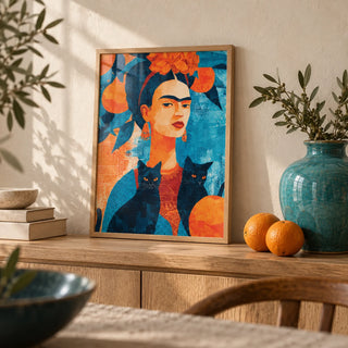 Frida Kahlo Cat, a small A4 framed print leaning on an oak shelf in a living room