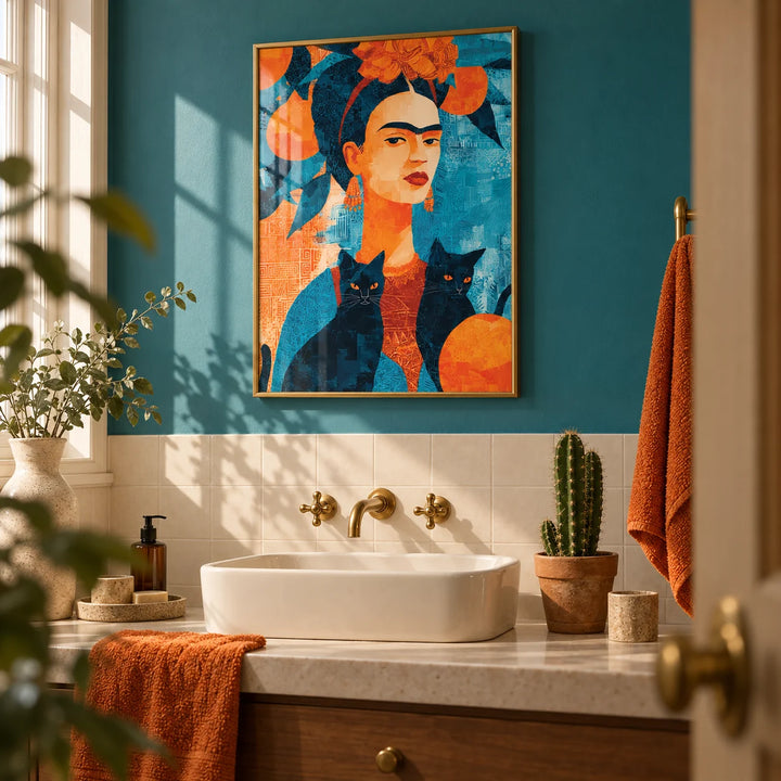 Frida Kahlo Cat, framed on the wall of a warm bathroom with a turquoise painted wall and plain cream tiles