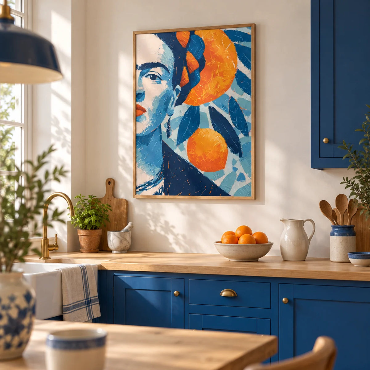Frida Kahlo Gifts, framed on the wall of a bright kitchen with cobalt blue painted cabinets and a pale oak worktop