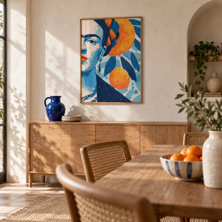 Frida Kahlo Gifts, framed on the wall of a dining room with a warm white plaster wall and an arched niche