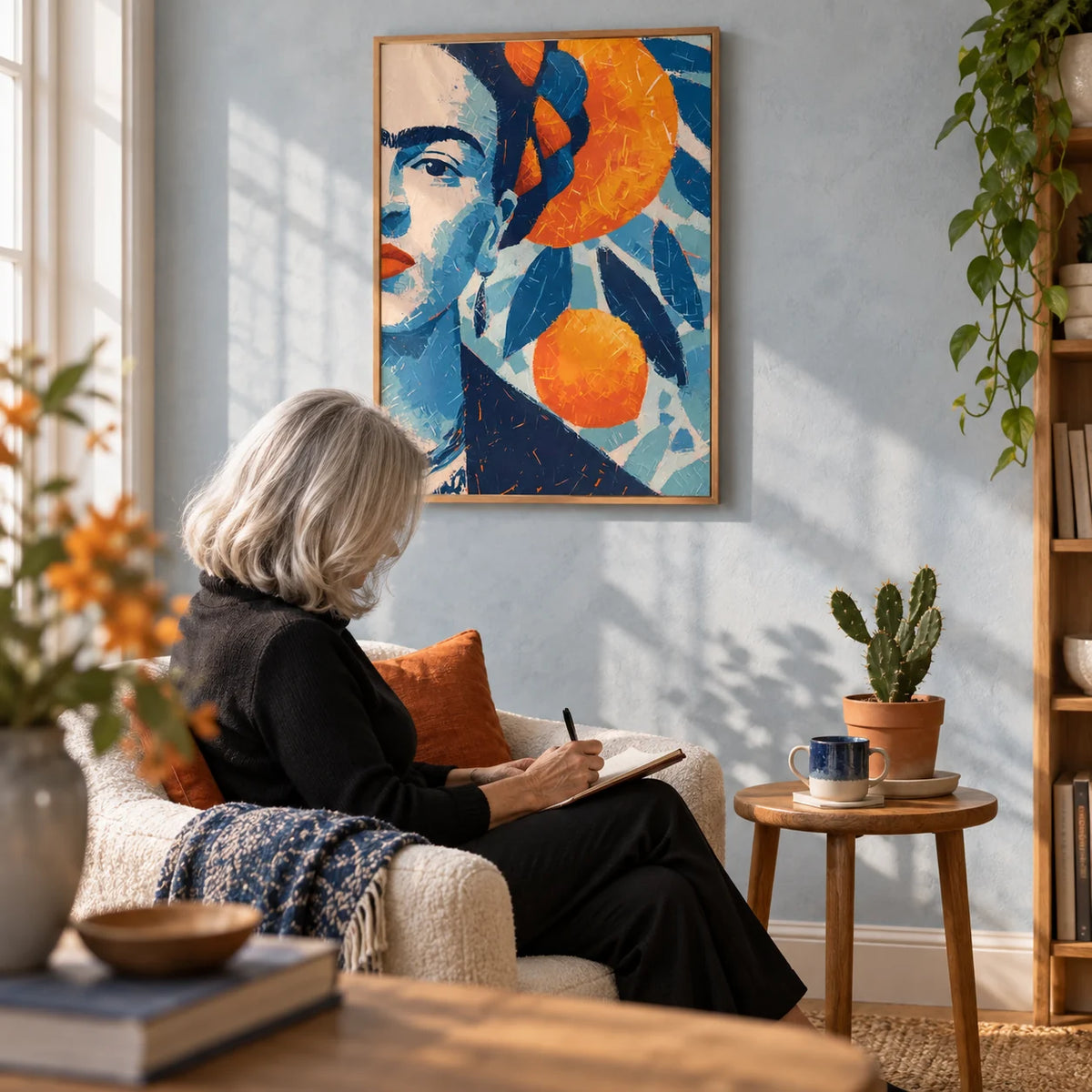 Frida Kahlo Gifts, framed on the wall of a reading corner with a pale blue limewashed wall in a living room