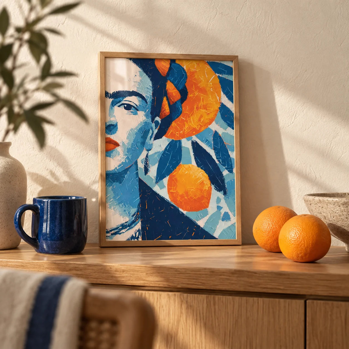 Frida Kahlo Gifts, a small A4 framed print leaning on an oak shelf in a living room