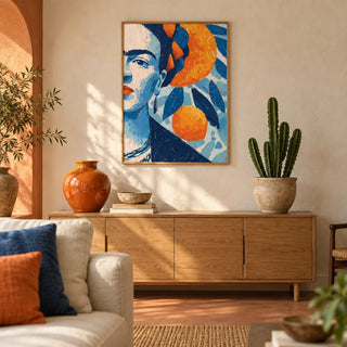 Frida Kahlo Gifts, framed on the wall of a warm Mexican-modern living room with a cream limewashed plaster wall and a plain terracotta floor