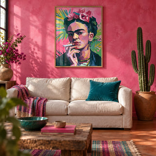 Frida Kahlo Painting, framed on the wall of a bold Mexican-modern living room with a limewashed hot pink plaster wall and a plain terracotta floor