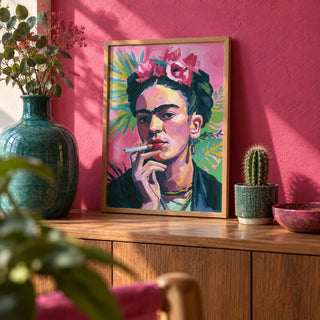 Frida Kahlo Painting, a small A4 framed print leaning on a wooden shelf in a living room