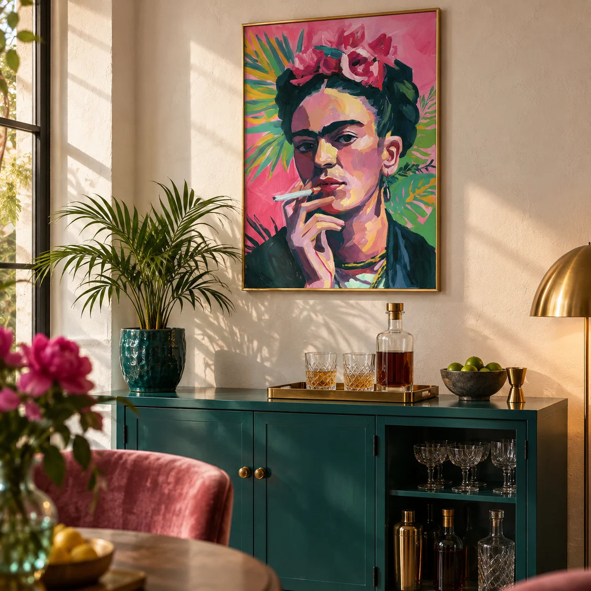 Frida Kahlo Painting, framed on the wall of a stylish home bar corner with a warm white plaster wall in a living room