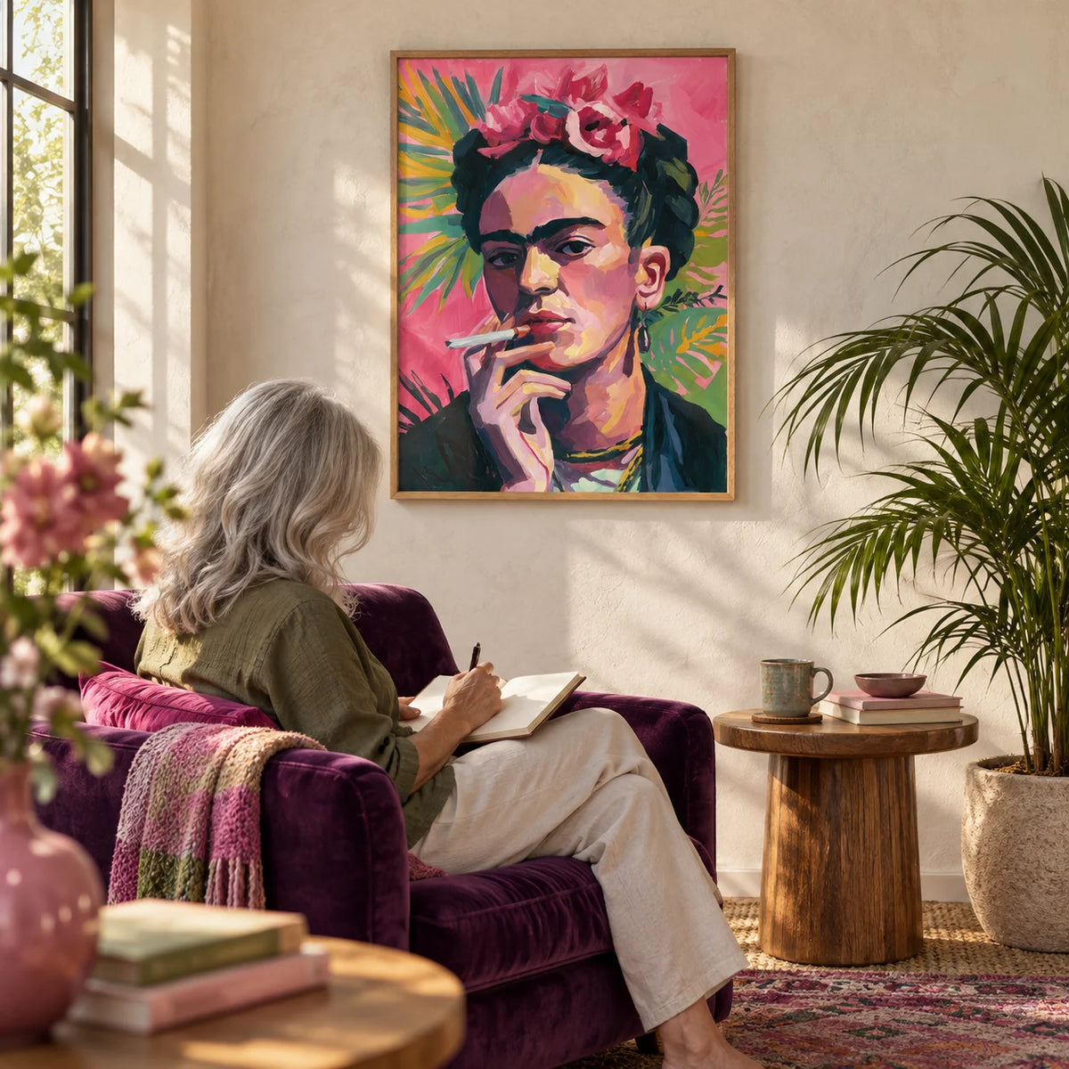 Frida Kahlo Painting, framed on the wall of a sunny reading corner with a limewashed warm white wall in a living room