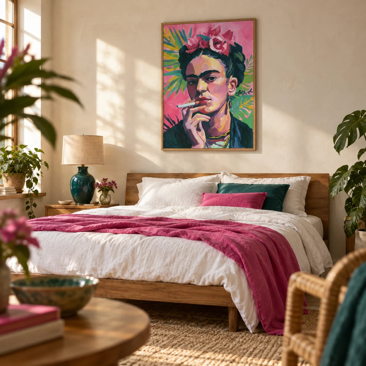 Frida Kahlo Painting, framed on the wall of a warm design-led bedroom with a soft cream plaster wall