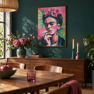 Frida Kahlo Painting, framed on the wall of a warm dining room with a deep teal painted wall