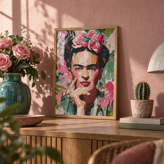 Wall Art Frida Kahlo, a small A4 framed print leaning on a wooden shelf in a living room