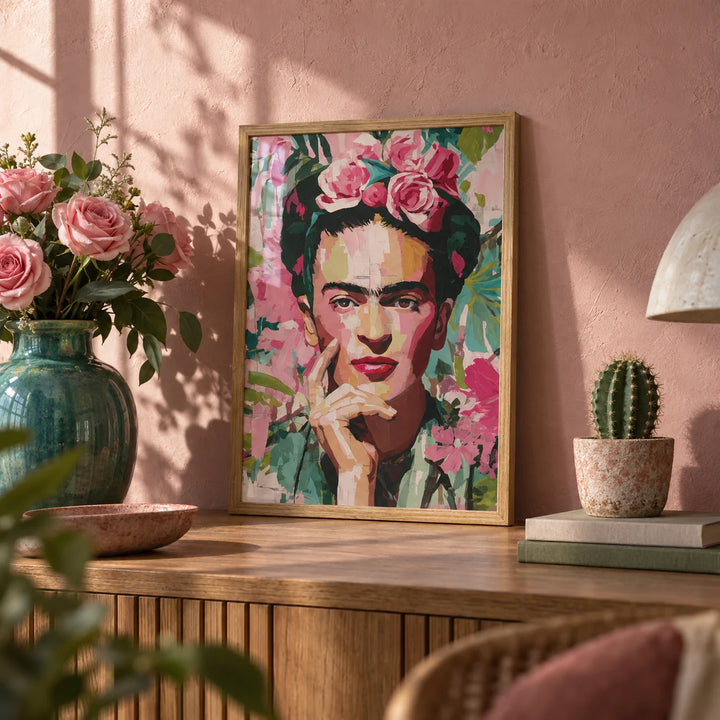 Wall Art Frida Kahlo, a small A4 framed print leaning on a wooden shelf in a living room