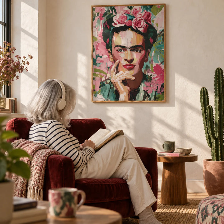 Wall Art Frida Kahlo, framed on the wall of a sunny reading corner with a warm white plaster wall in a living room