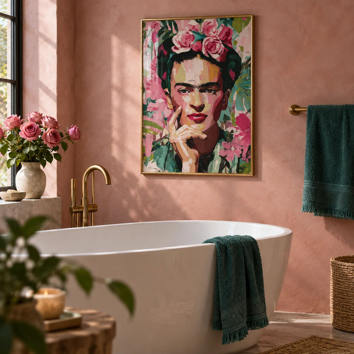 Wall Art Frida Kahlo, framed on the wall of a warm bathroom with a dusty pink limewash wall and a white freestanding bath