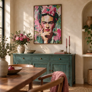 Wall Art Frida Kahlo, framed on the wall of a warm dining room with a limewashed cream wall and an arched niche