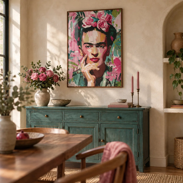 Wall Art Frida Kahlo, framed on the wall of a warm dining room with a limewashed cream wall and an arched niche
