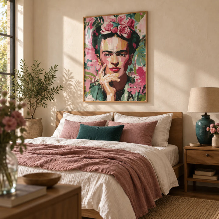 Wall Art Frida Kahlo, framed on the wall of a warm modern bedroom with a soft cream plaster wall