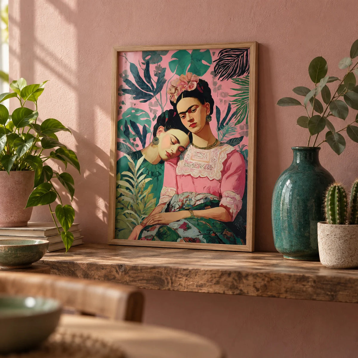 Wall Art Frida Kahlo, a small A4 framed print leaning on a wooden shelf in a living room