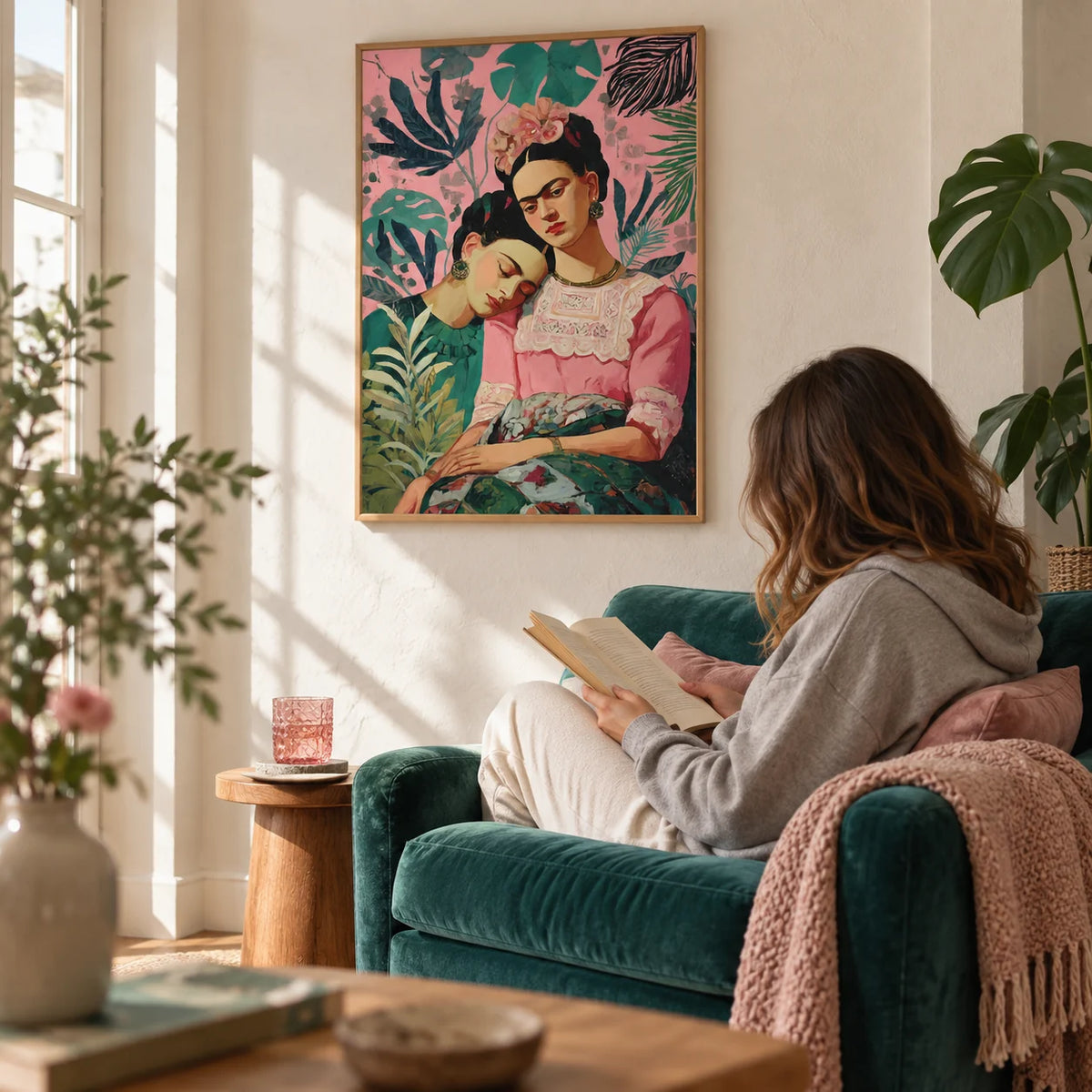 Wall Art Frida Kahlo, framed on the wall of a sunny reading corner with a warm white plaster wall in a living room