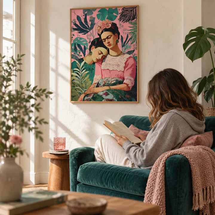 Wall Art Frida Kahlo, framed on the wall of a sunny reading corner with a warm white plaster wall in a living room