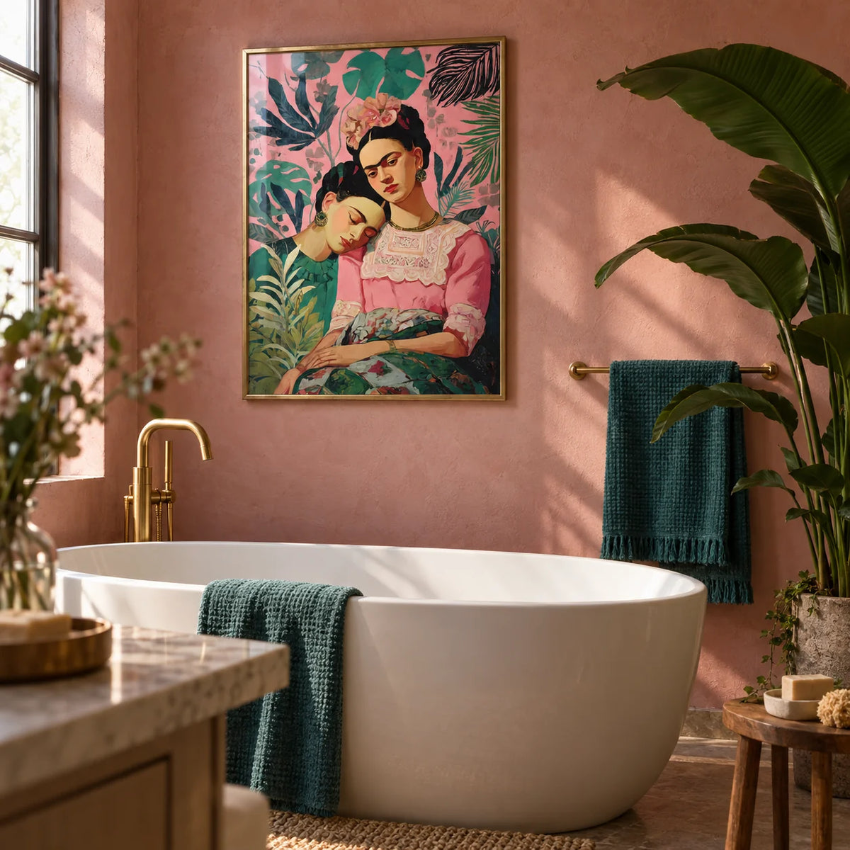 Wall Art Frida Kahlo, framed on the wall of a warm bathroom with a dusty pink plaster wall and a white freestanding bath