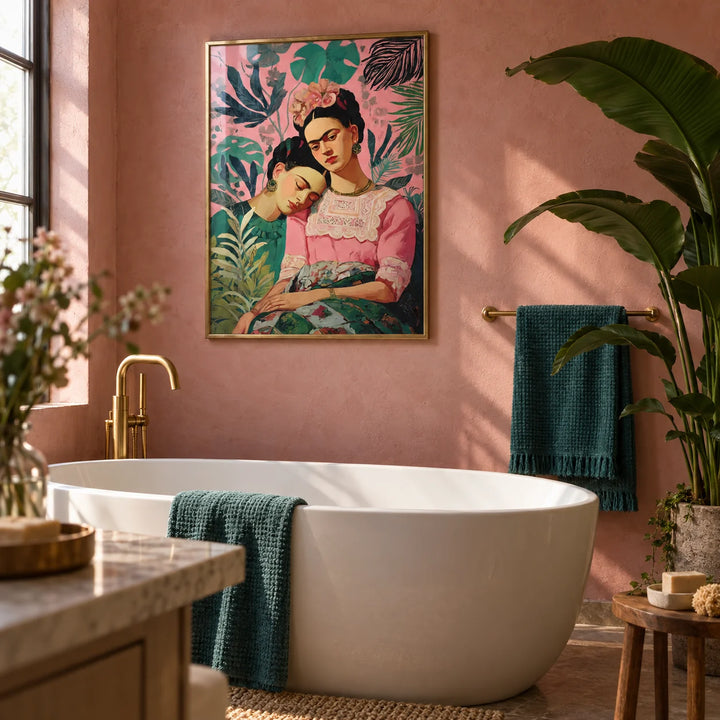 Wall Art Frida Kahlo, framed on the wall of a warm bathroom with a dusty pink plaster wall and a white freestanding bath