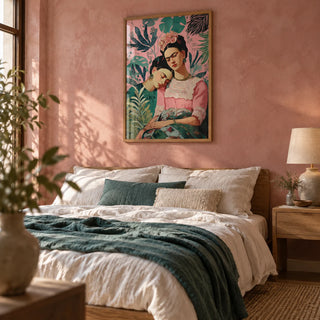Wall Art Frida Kahlo, framed on the wall of a warm calm bedroom with a dusty pink limewash wall