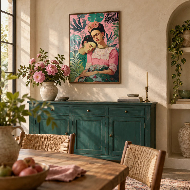 Wall Art Frida Kahlo, framed on the wall of a warm dining room with a limewashed cream wall and an arched niche