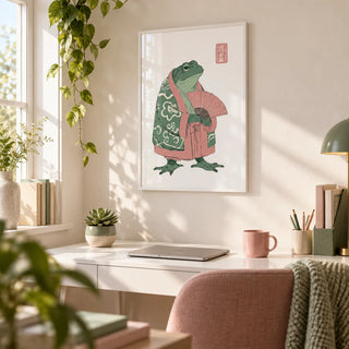 Frog Art Print, framed on the wall of a bright home office
