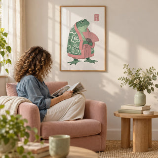 Frog Art Print, framed on the wall of a bright living room
