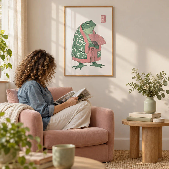 Frog Art Print, framed on the wall of a bright living room