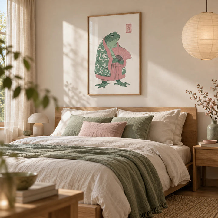 Frog Art Print, framed on the wall of a calm Japandi bedroom