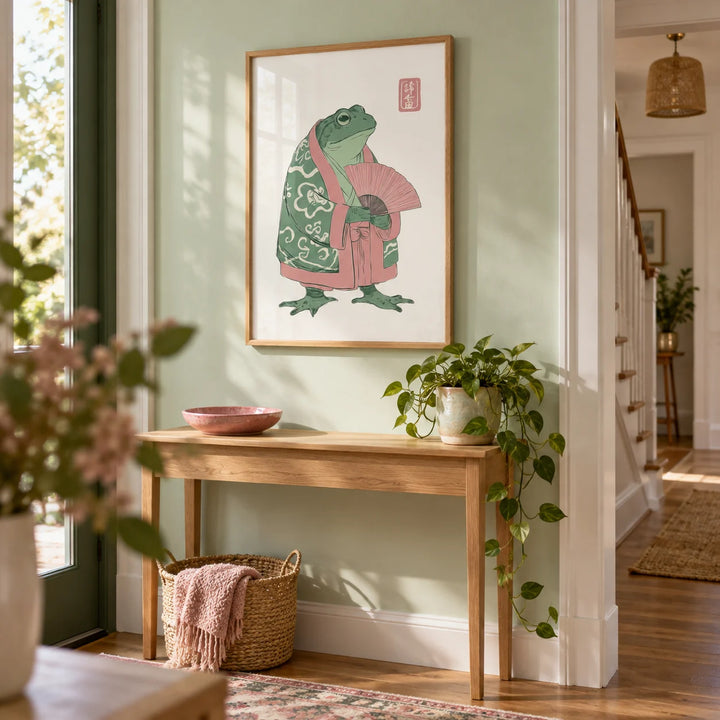 Frog Art Print, framed on the wall of a cheerful hallway with a pale mint wall