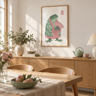 Frog Art Print, framed on the wall of a light dining room