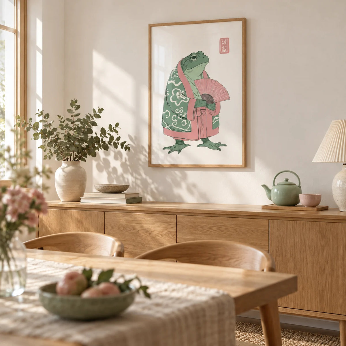 Frog Art Print, framed on the wall of a light dining room