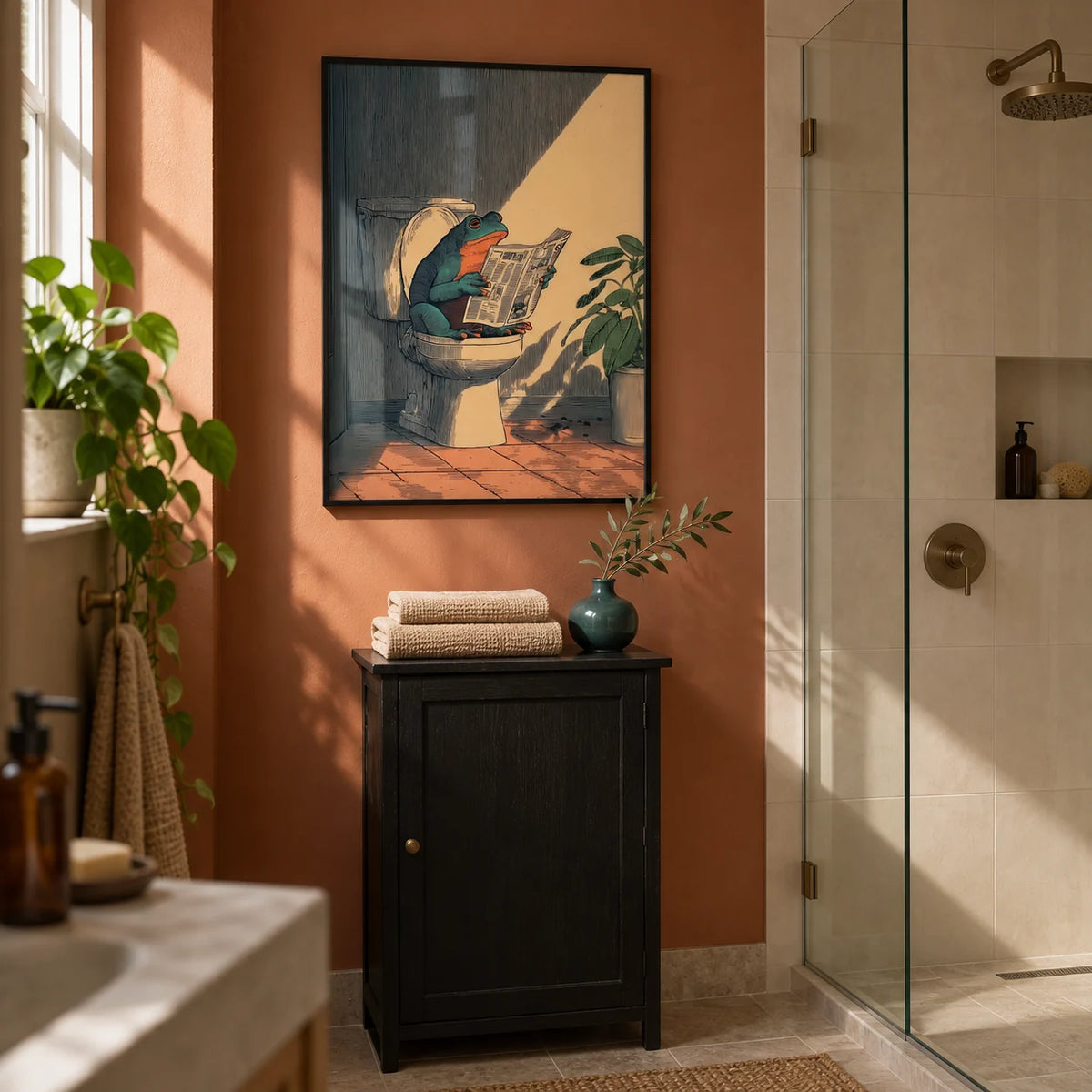 Frog Bathroom Art, framed on the wall of a characterful guest shower room in a renovated terrace with a muted terracotta painted dry wall and plain cream shower tiles